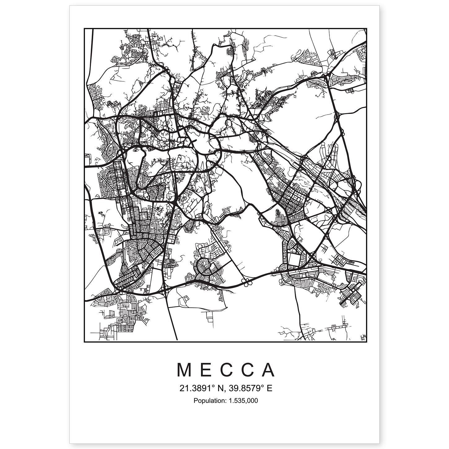 Lámina mapa de la ciudad Mecca estilo nordico en blanco y negro.-Artwork-Nacnic-A4-Sin marco-Nacnic Estudio SL