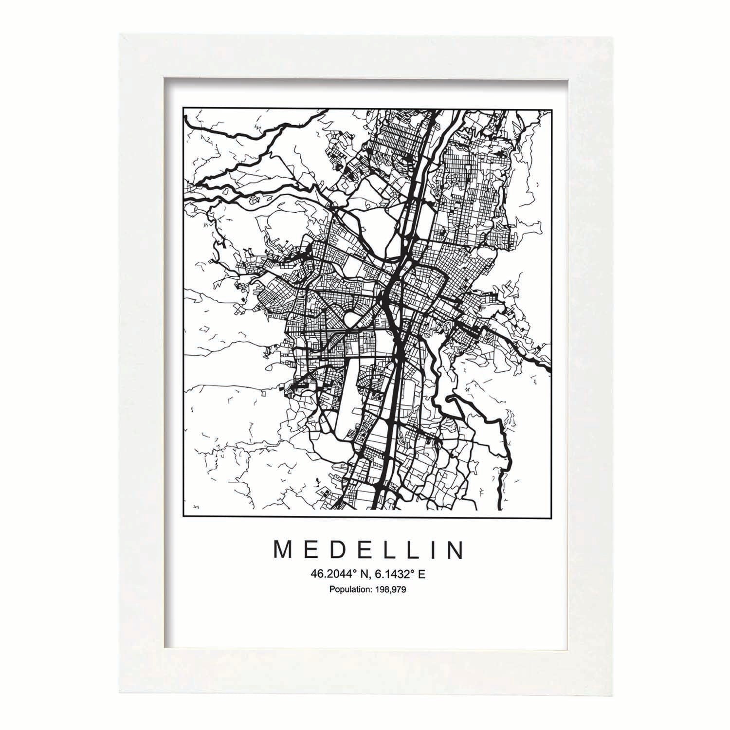 Lámina mapa de la ciudad Medellin estilo nordico en blanco y negro.-Artwork-Nacnic-A3-Marco Blanco-Nacnic Estudio SL