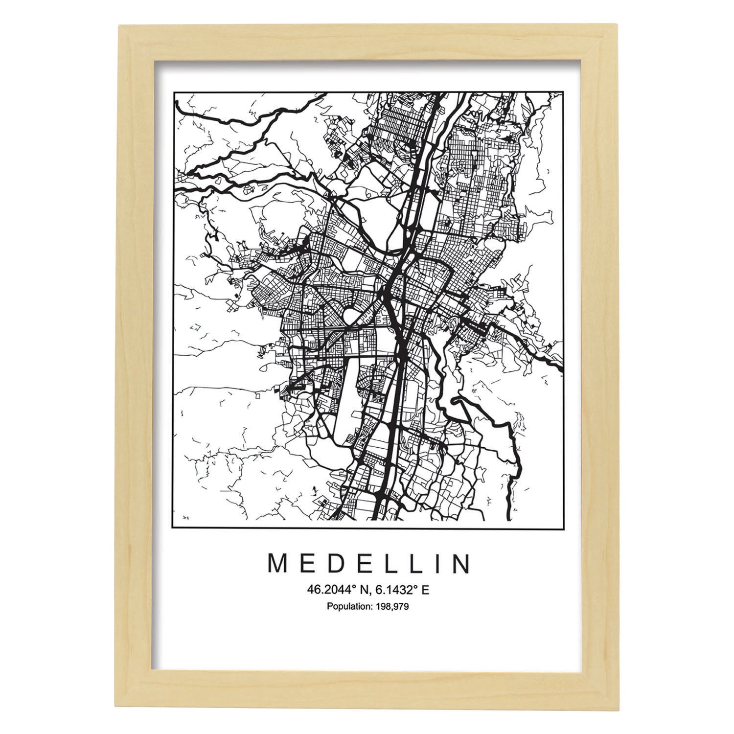 Lámina mapa de la ciudad Medellin estilo nordico en blanco y negro.-Artwork-Nacnic-A3-Marco Madera clara-Nacnic Estudio SL