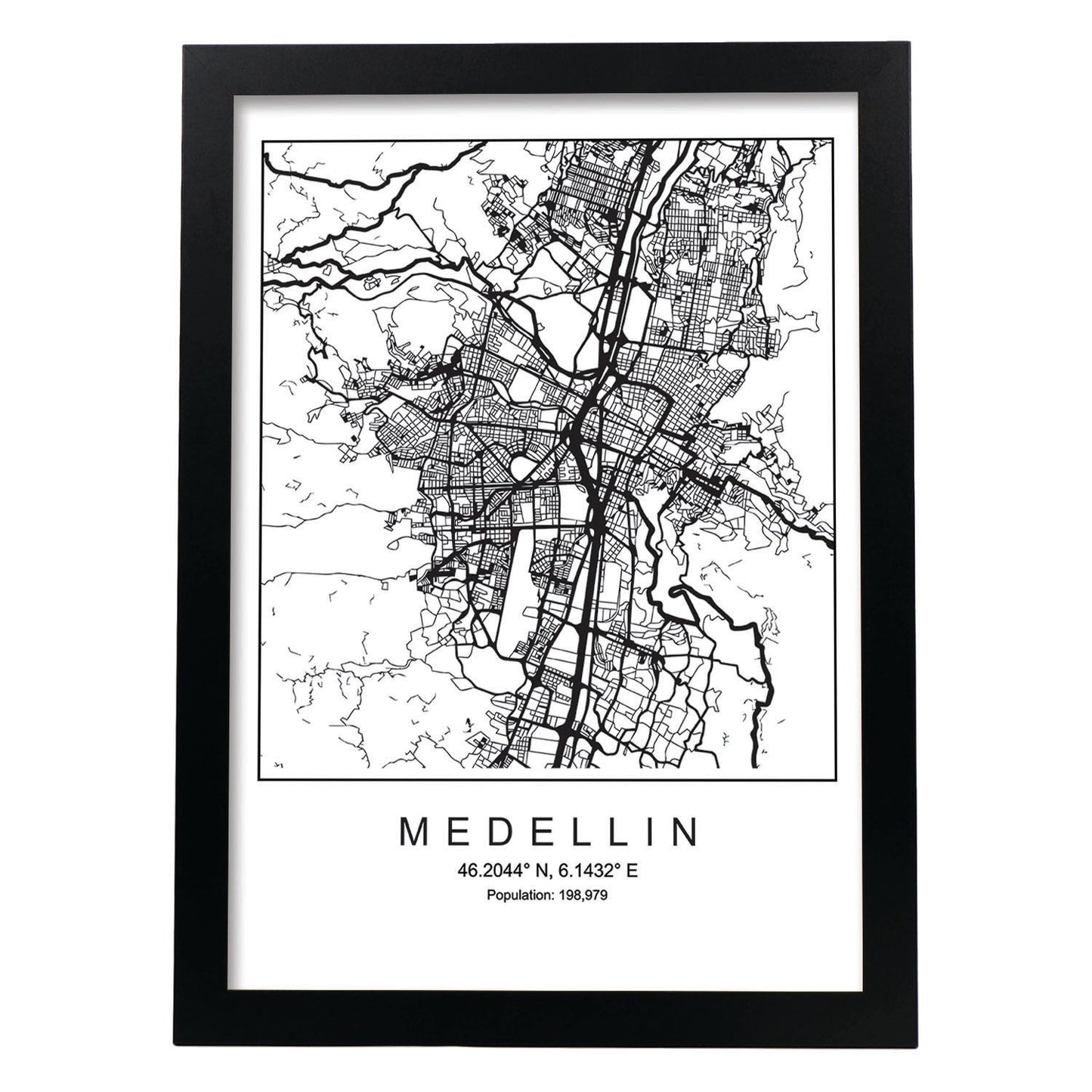 Lámina mapa de la ciudad Medellin estilo nordico en blanco y negro.-Artwork-Nacnic-A3-Marco Negro-Nacnic Estudio SL