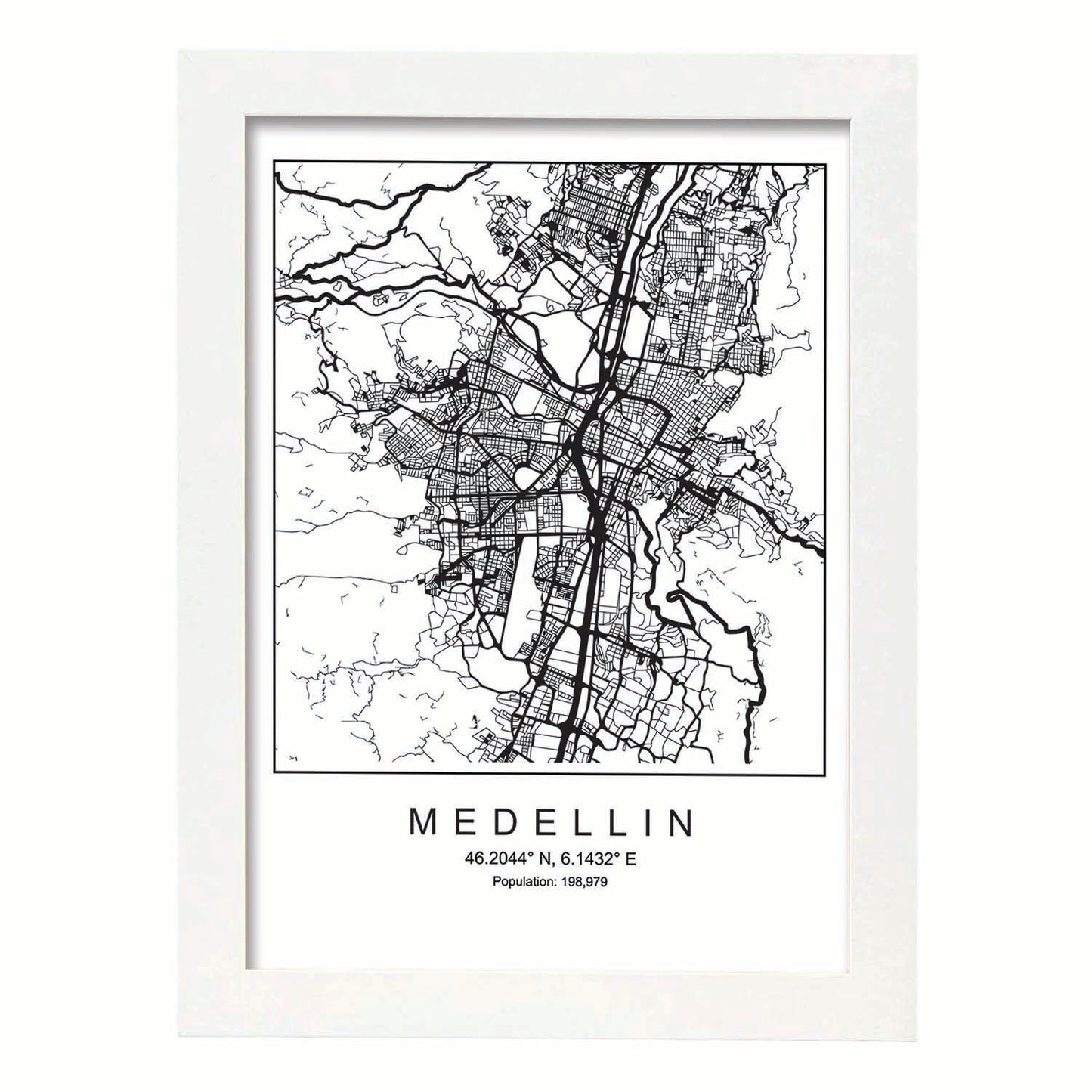 Lámina mapa de la ciudad Medellin estilo nordico en blanco y negro.-Artwork-Nacnic-A4-Marco Blanco-Nacnic Estudio SL