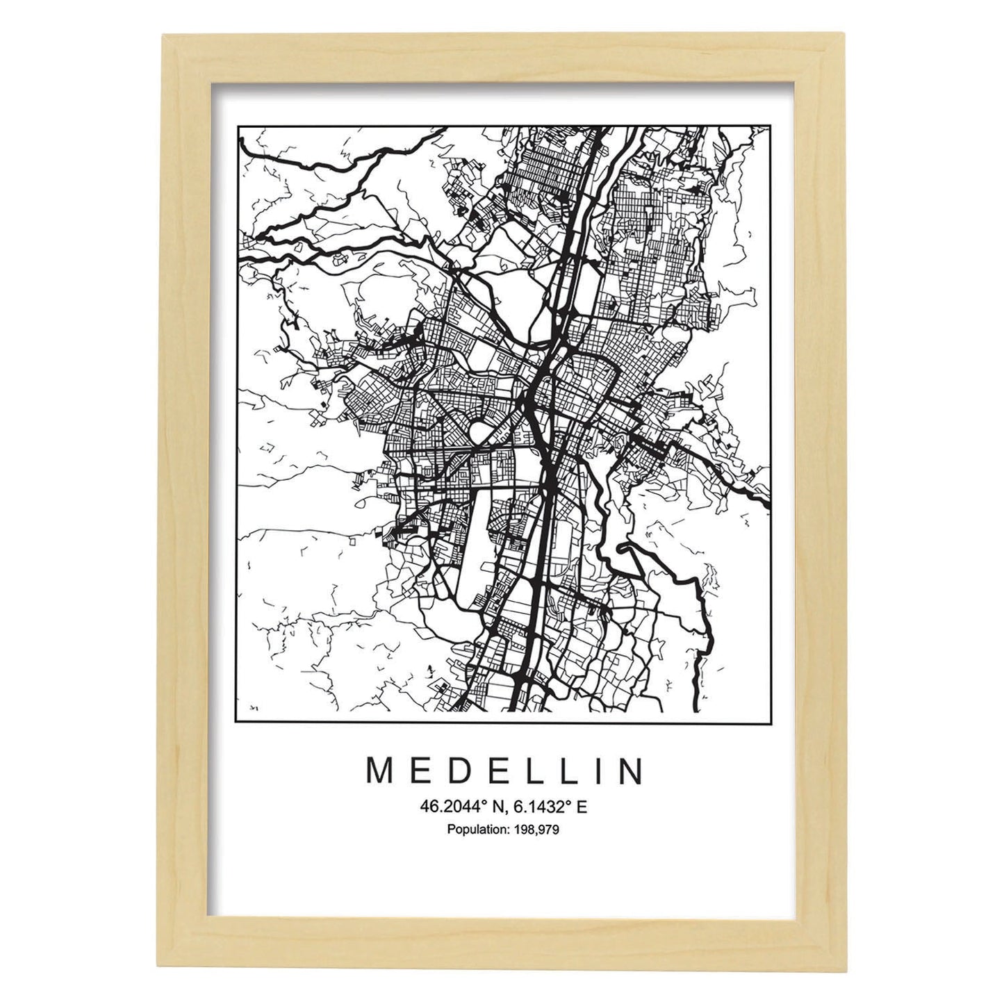 Lámina mapa de la ciudad Medellin estilo nordico en blanco y negro.-Artwork-Nacnic-A4-Marco Madera clara-Nacnic Estudio SL