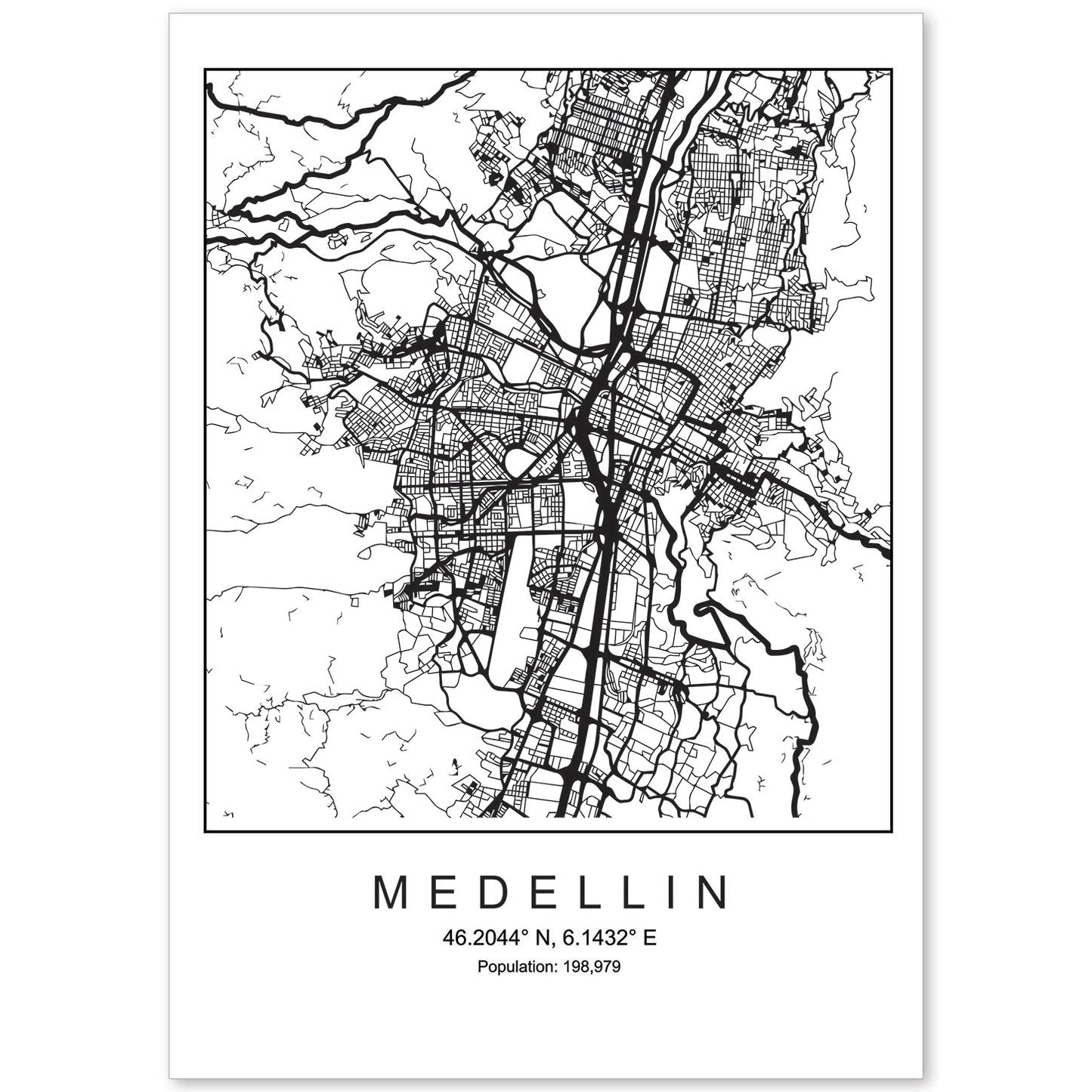 Lámina mapa de la ciudad Medellin estilo nordico en blanco y negro.-Artwork-Nacnic-A4-Sin marco-Nacnic Estudio SL
