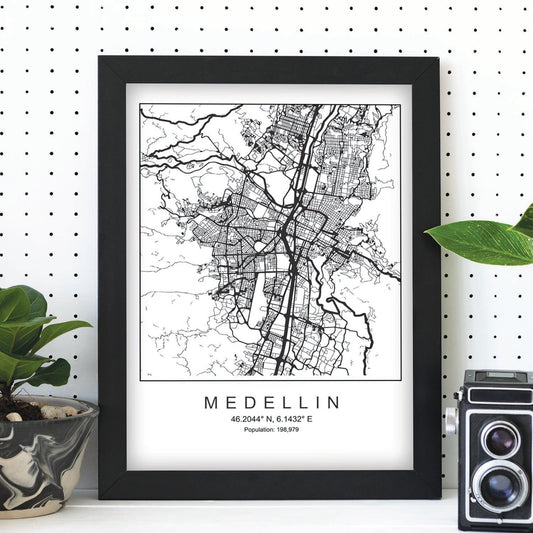 Lámina mapa de la ciudad Medellin estilo nordico en blanco y negro.-Artwork-Nacnic-Nacnic Estudio SL