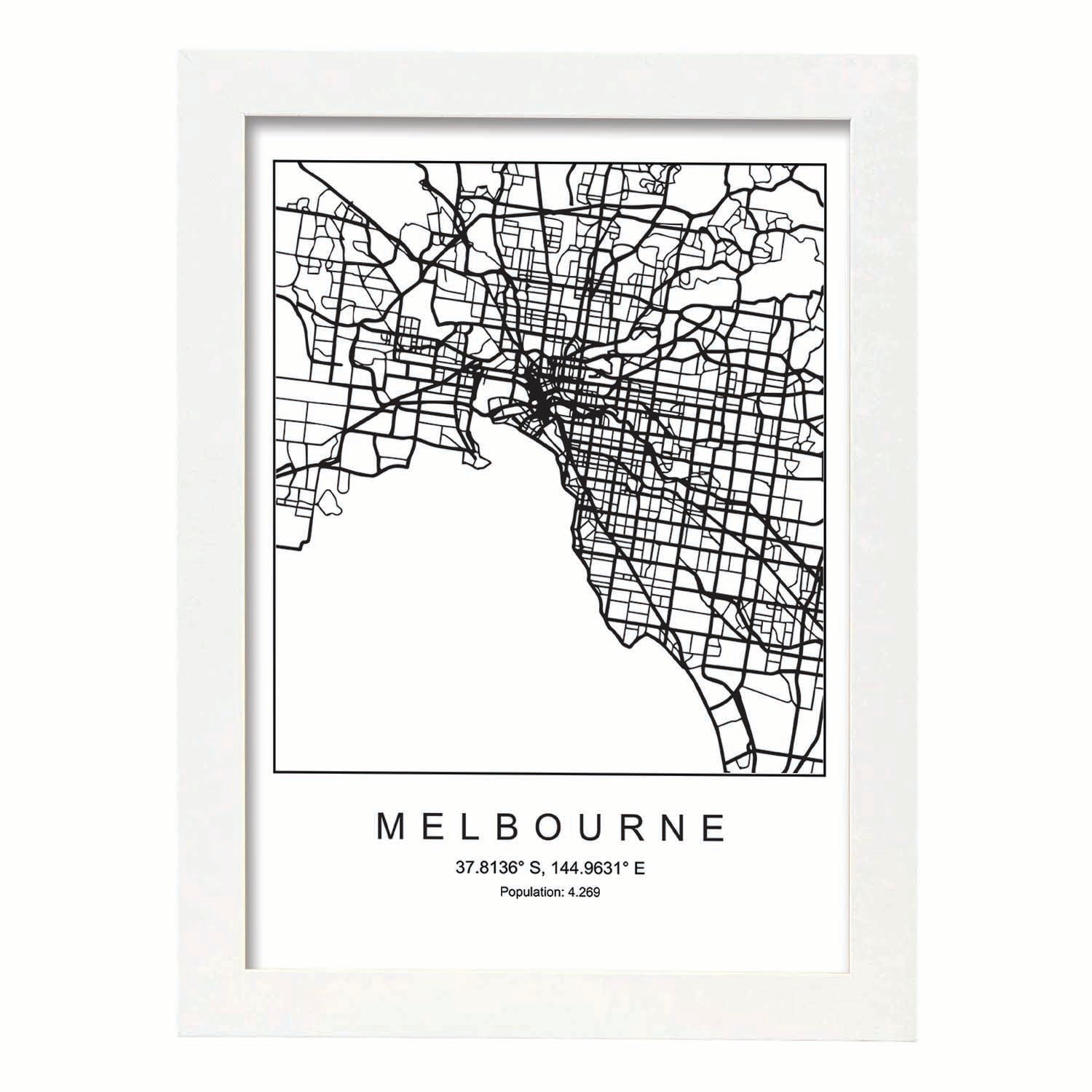 Lámina mapa de la ciudad Melbourne estilo nordico en blanco y negro.-Artwork-Nacnic-A3-Marco Blanco-Nacnic Estudio SL