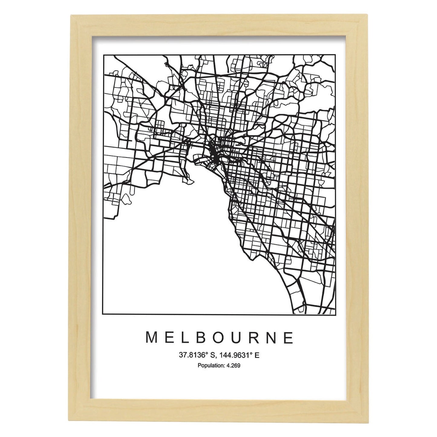 Lámina mapa de la ciudad Melbourne estilo nordico en blanco y negro.-Artwork-Nacnic-A3-Marco Madera clara-Nacnic Estudio SL