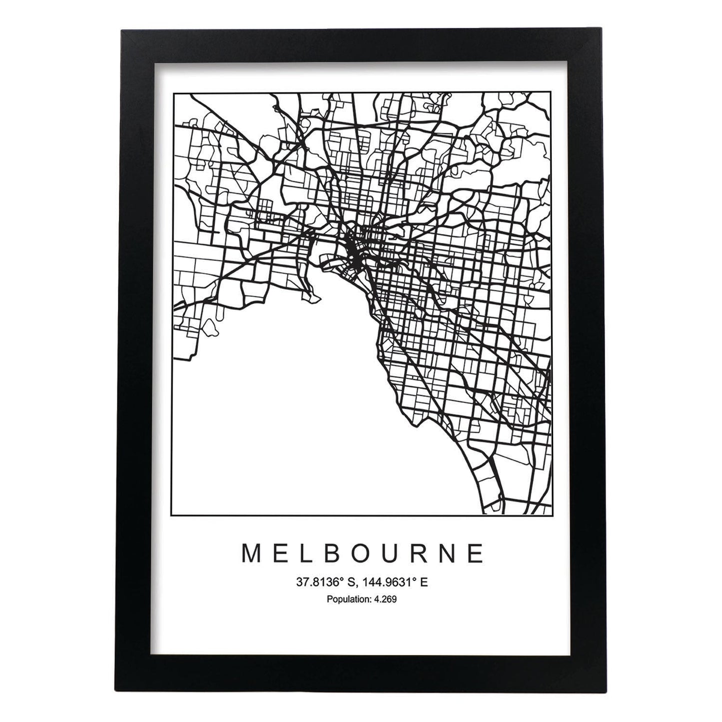 Lámina mapa de la ciudad Melbourne estilo nordico en blanco y negro.-Artwork-Nacnic-A3-Marco Negro-Nacnic Estudio SL