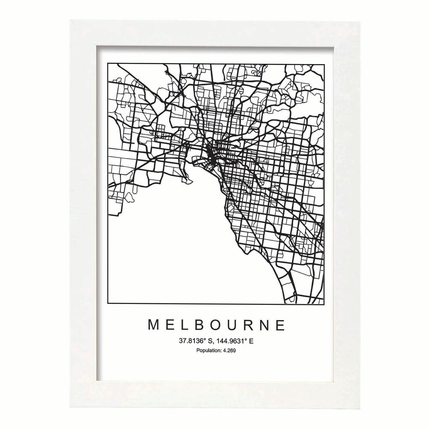 Lámina mapa de la ciudad Melbourne estilo nordico en blanco y negro.-Artwork-Nacnic-A4-Marco Blanco-Nacnic Estudio SL