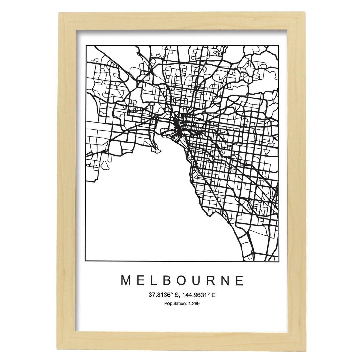 Lámina mapa de la ciudad Melbourne estilo nordico en blanco y negro.-Artwork-Nacnic-A4-Marco Madera clara-Nacnic Estudio SL