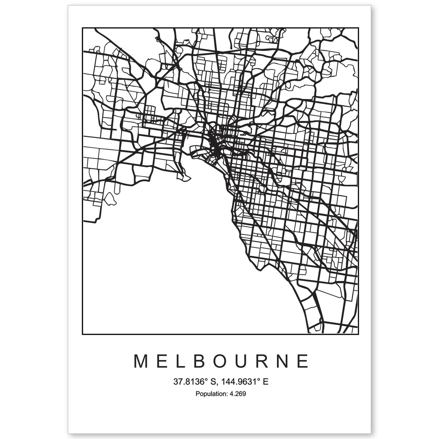 Lámina mapa de la ciudad Melbourne estilo nordico en blanco y negro.-Artwork-Nacnic-A4-Sin marco-Nacnic Estudio SL
