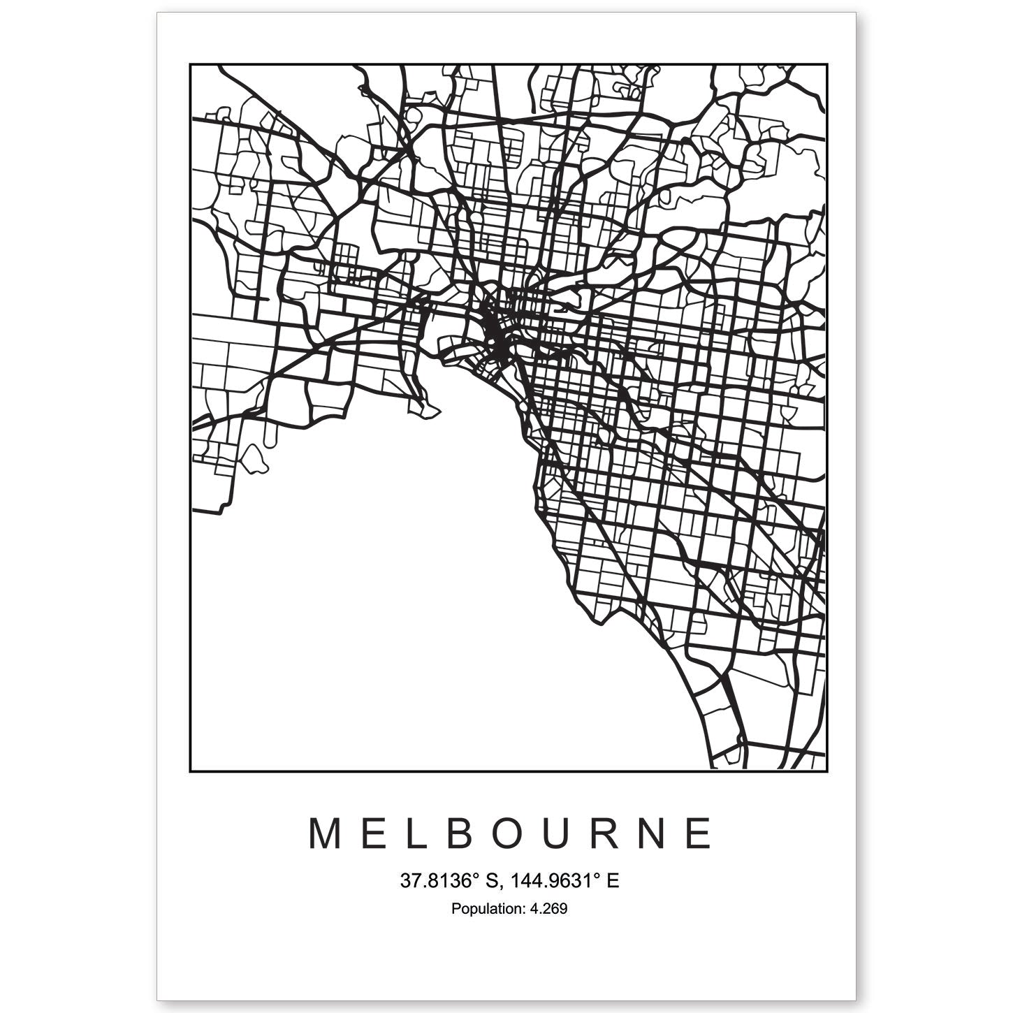 Lámina mapa de la ciudad Melbourne estilo nordico en blanco y negro.-Artwork-Nacnic-A4-Sin marco-Nacnic Estudio SL