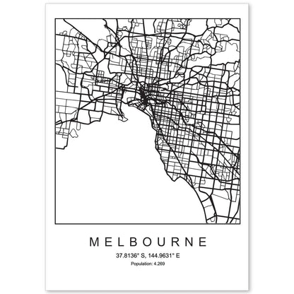 Lámina mapa de la ciudad Melbourne estilo nordico en blanco y negro.-Artwork-Nacnic-A4-Sin marco-Nacnic Estudio SL