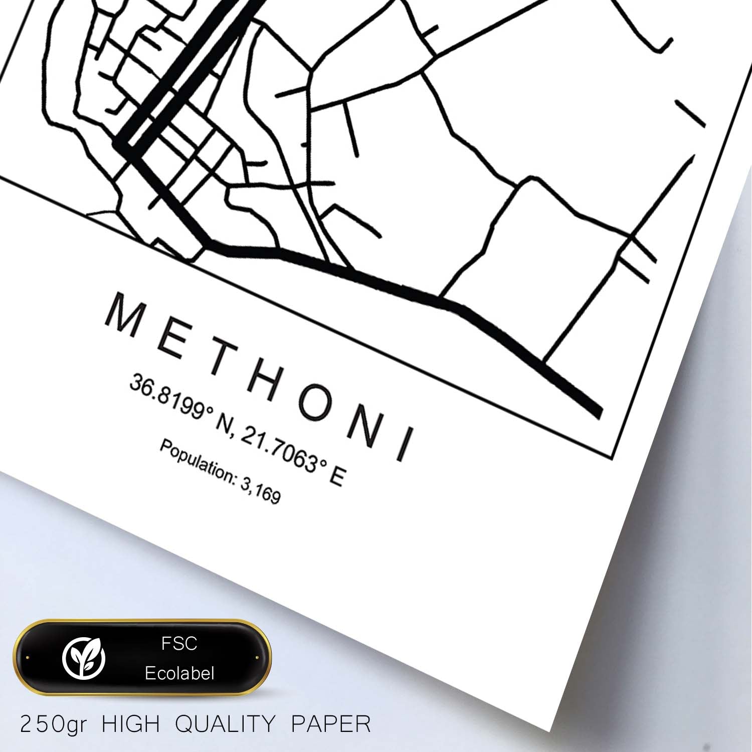 Lámina mapa de la ciudad Methoni estilo nordico en blanco y negro.-Artwork-Nacnic-Nacnic Estudio SL