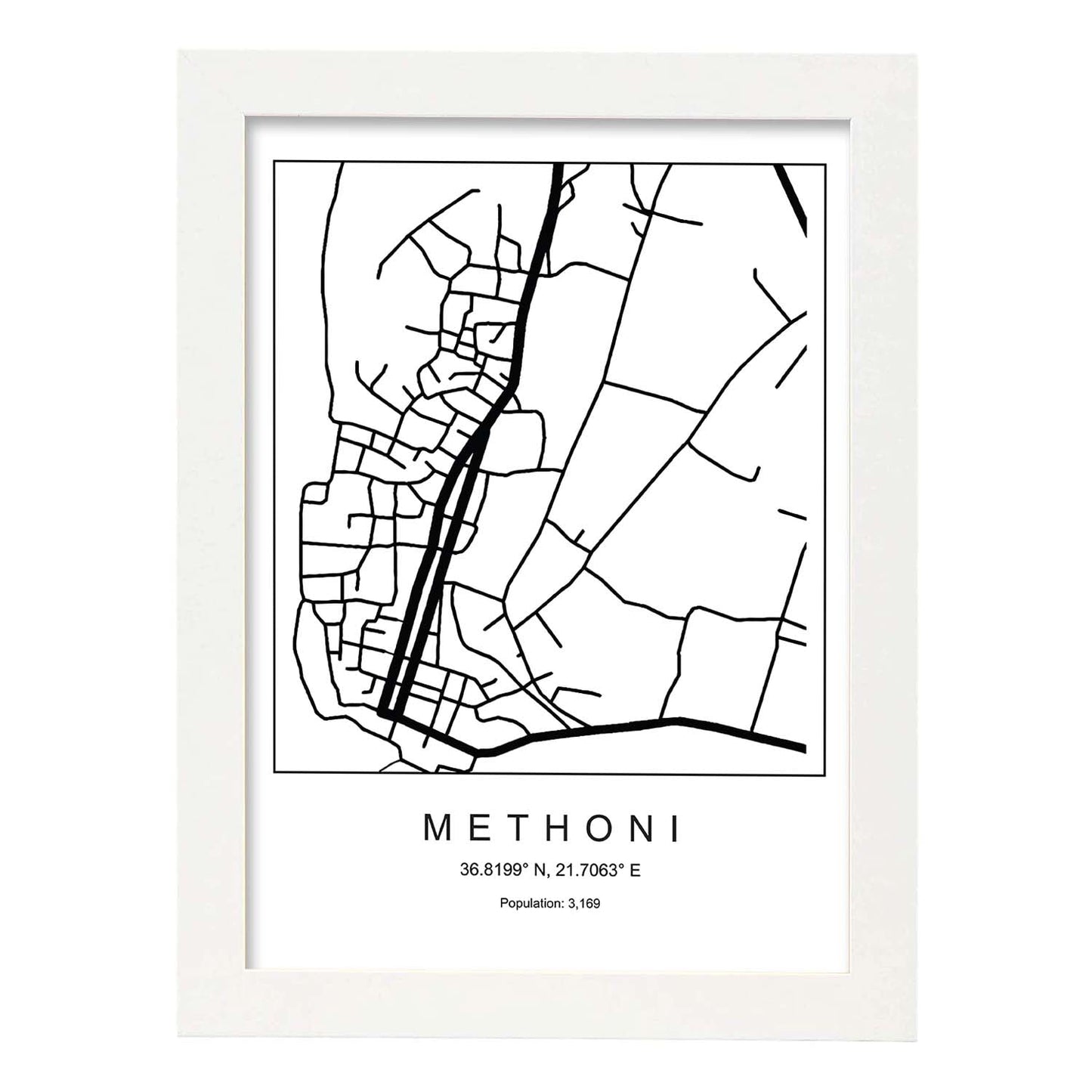 Lámina mapa de la ciudad Methoni estilo nordico en blanco y negro.-Artwork-Nacnic-A3-Marco Blanco-Nacnic Estudio SL