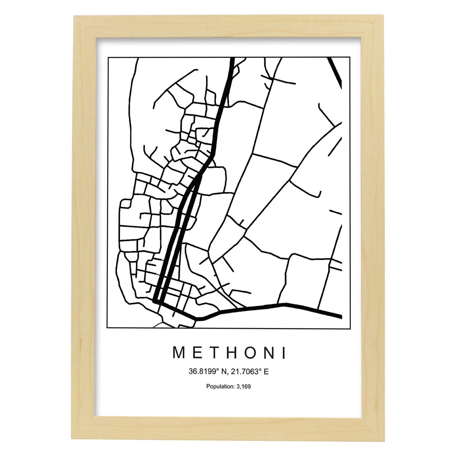Lámina mapa de la ciudad Methoni estilo nordico en blanco y negro.-Artwork-Nacnic-A3-Marco Madera clara-Nacnic Estudio SL