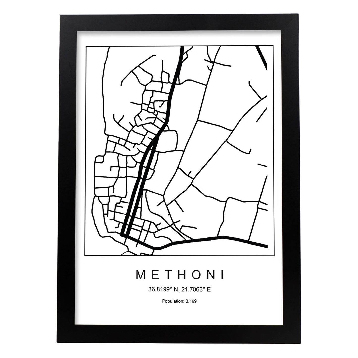 Lámina mapa de la ciudad Methoni estilo nordico en blanco y negro.-Artwork-Nacnic-A3-Marco Negro-Nacnic Estudio SL