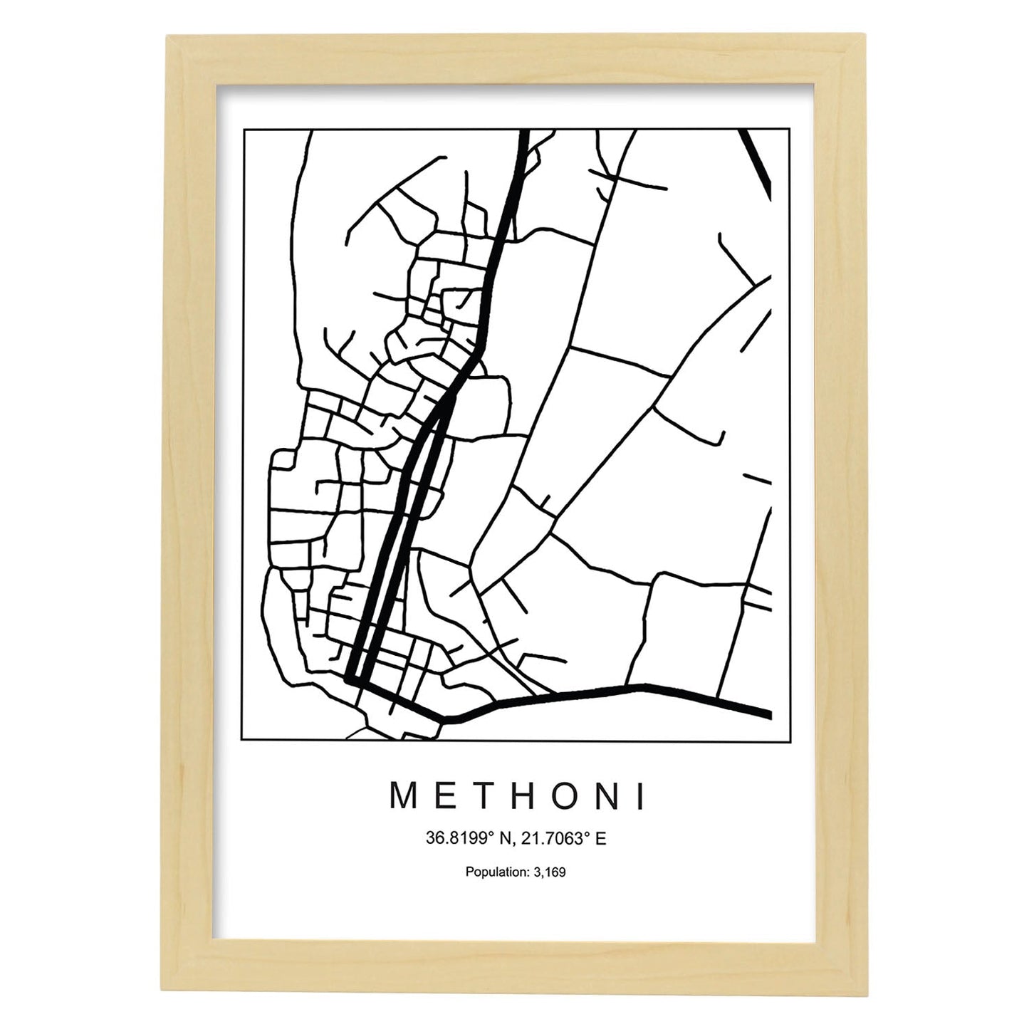 Lámina mapa de la ciudad Methoni estilo nordico en blanco y negro.-Artwork-Nacnic-A4-Marco Madera clara-Nacnic Estudio SL