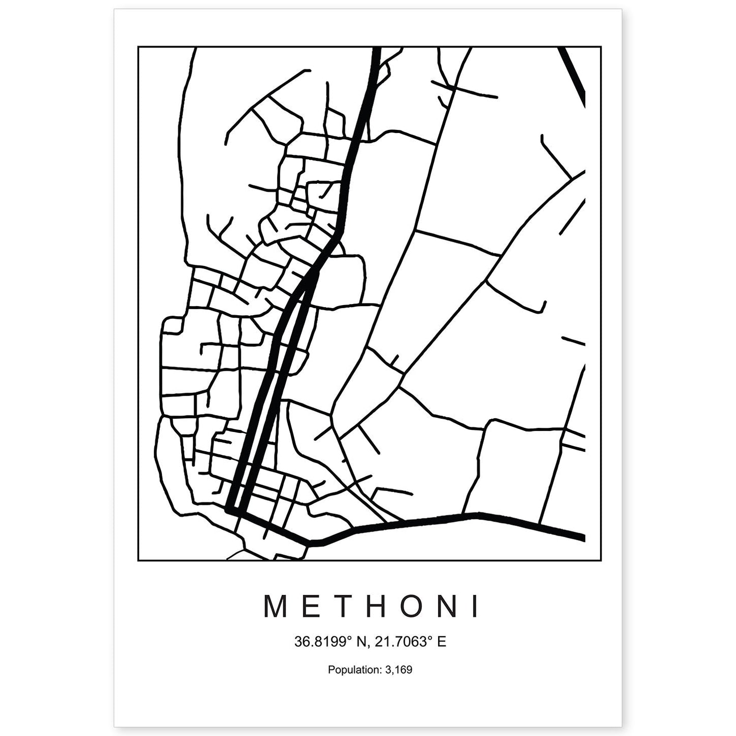Lámina mapa de la ciudad Methoni estilo nordico en blanco y negro.-Artwork-Nacnic-A4-Sin marco-Nacnic Estudio SL