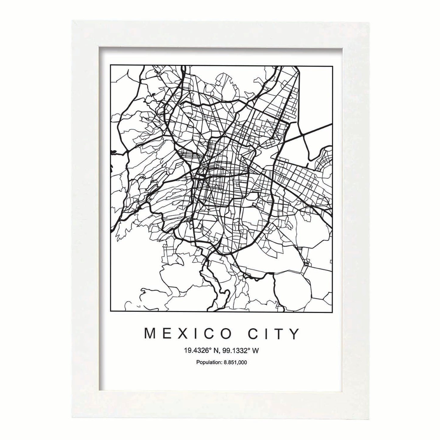 Lámina mapa de la ciudad Mexico city estilo nordico en blanco y negro.-Artwork-Nacnic-A3-Marco Blanco-Nacnic Estudio SL