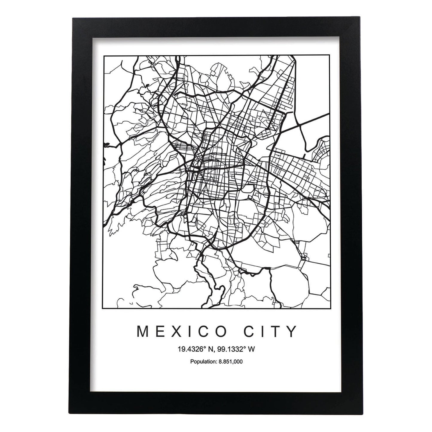 Lámina mapa de la ciudad Mexico city estilo nordico en blanco y negro.-Artwork-Nacnic-A3-Marco Negro-Nacnic Estudio SL