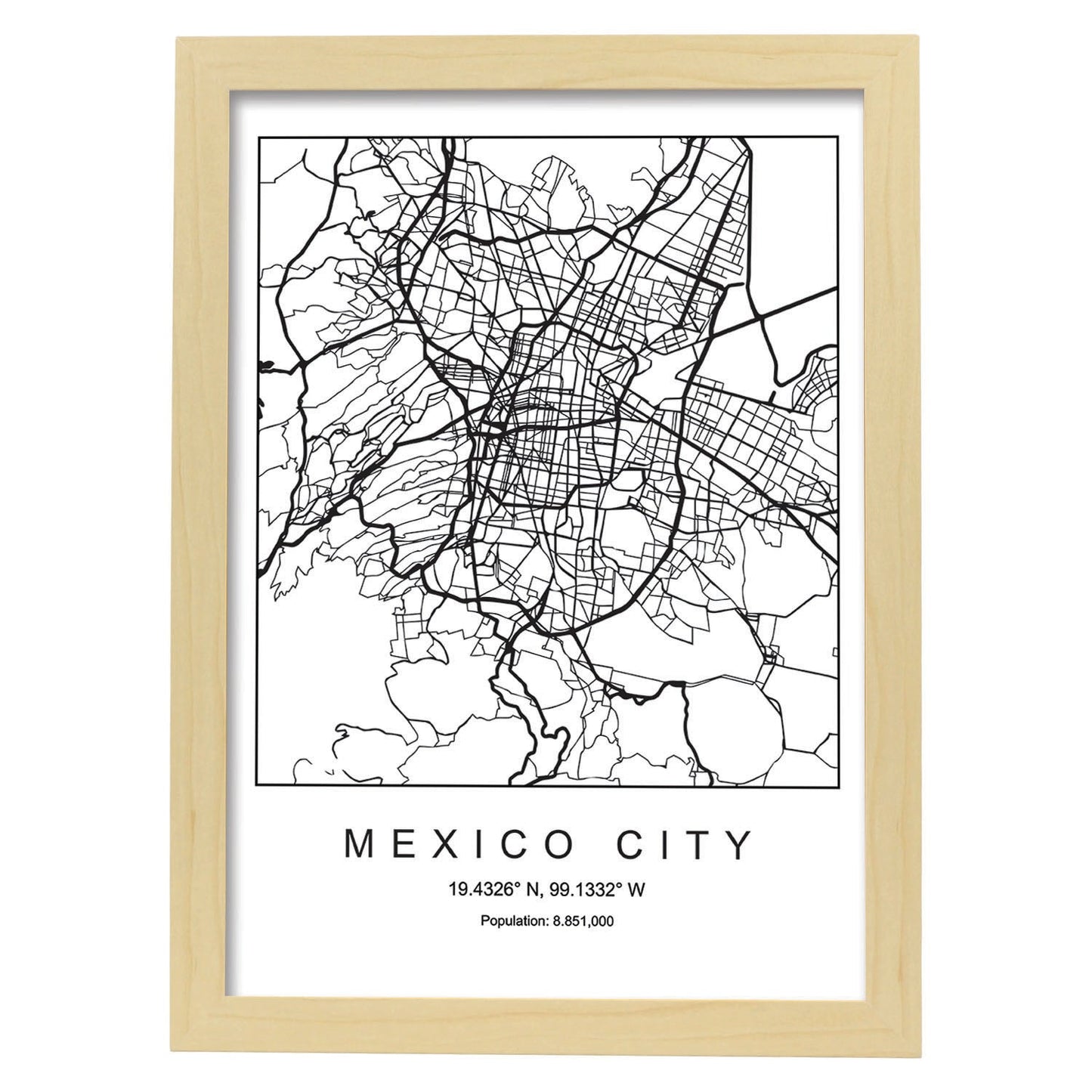 Lámina mapa de la ciudad Mexico city estilo nordico en blanco y negro.-Artwork-Nacnic-A4-Marco Madera clara-Nacnic Estudio SL