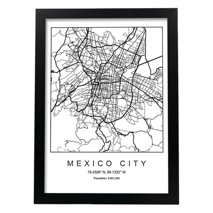 Lámina mapa de la ciudad Mexico city estilo nordico en blanco y negro.-Artwork-Nacnic-A4-Marco Negro-Nacnic Estudio SL