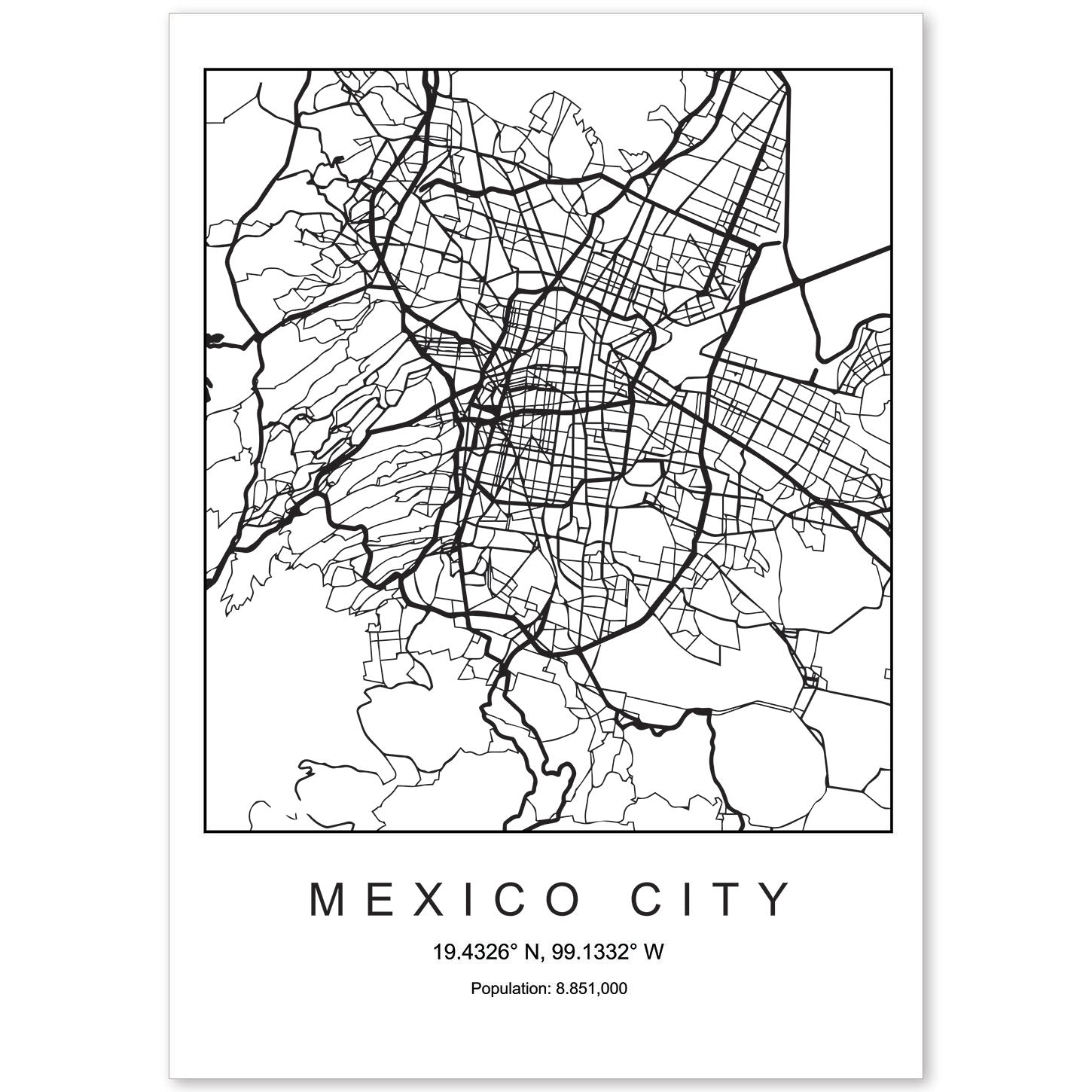 Lámina mapa de la ciudad Mexico city estilo nordico en blanco y negro.-Artwork-Nacnic-A4-Sin marco-Nacnic Estudio SL