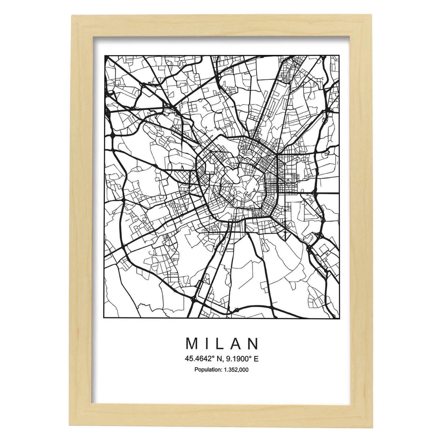 Lámina mapa de la ciudad Milan estilo nordico en blanco y negro.-Artwork-Nacnic-A3-Marco Madera clara-Nacnic Estudio SL