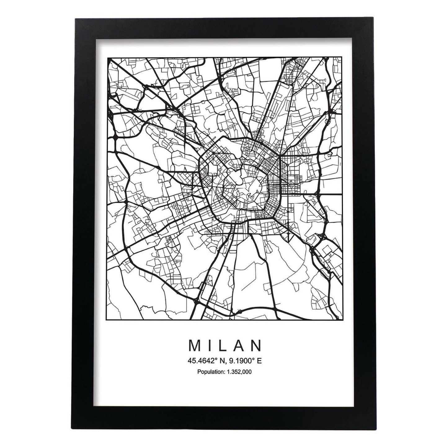 Lámina mapa de la ciudad Milan estilo nordico en blanco y negro.-Artwork-Nacnic-A3-Marco Negro-Nacnic Estudio SL