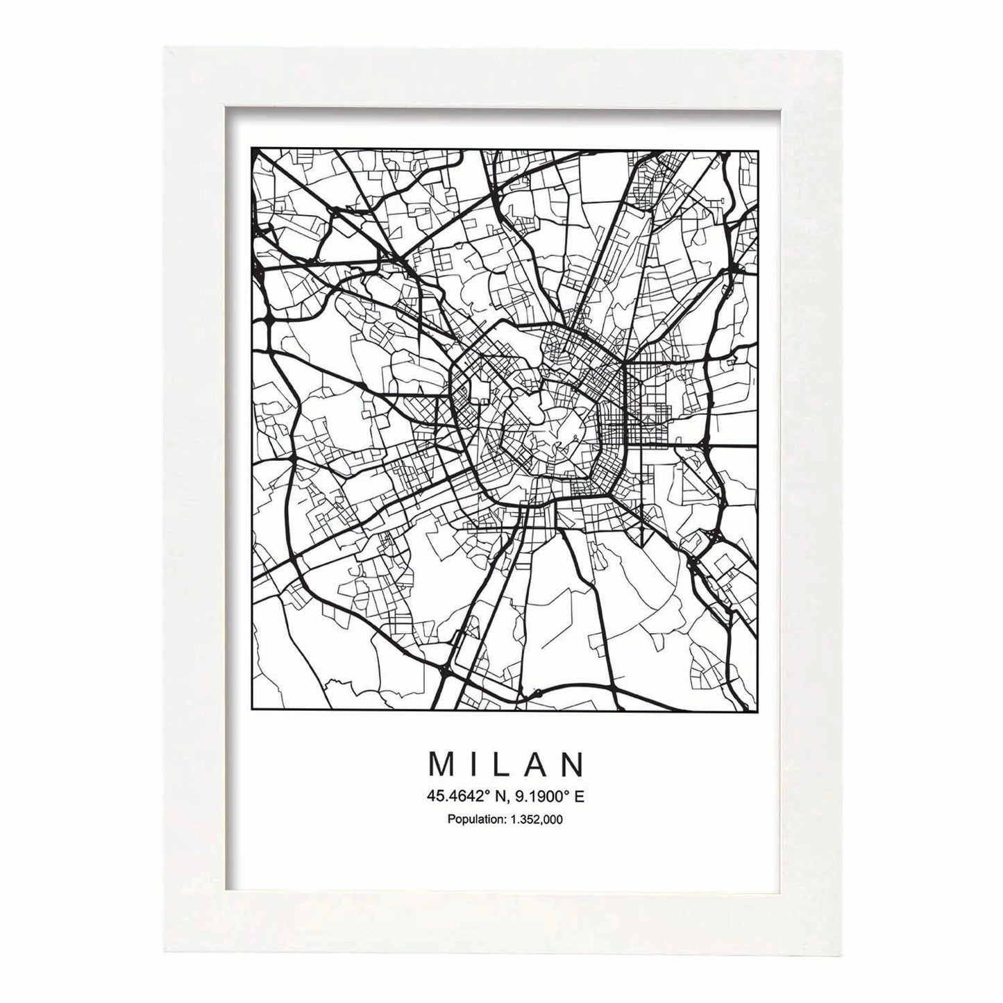 Lámina mapa de la ciudad Milan estilo nordico en blanco y negro.-Artwork-Nacnic-A4-Marco Blanco-Nacnic Estudio SL