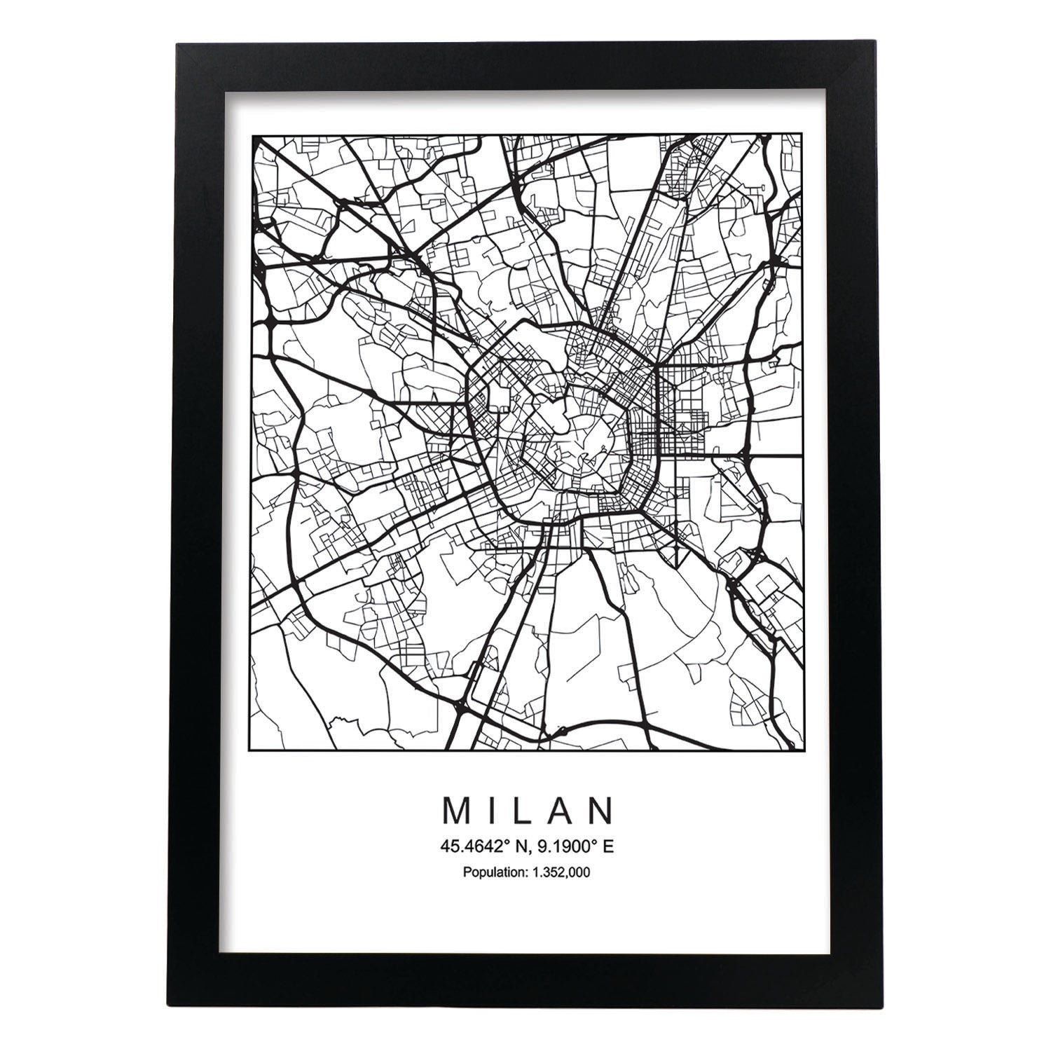 Lámina mapa de la ciudad Milan estilo nordico en blanco y negro.-Artwork-Nacnic-A4-Marco Negro-Nacnic Estudio SL