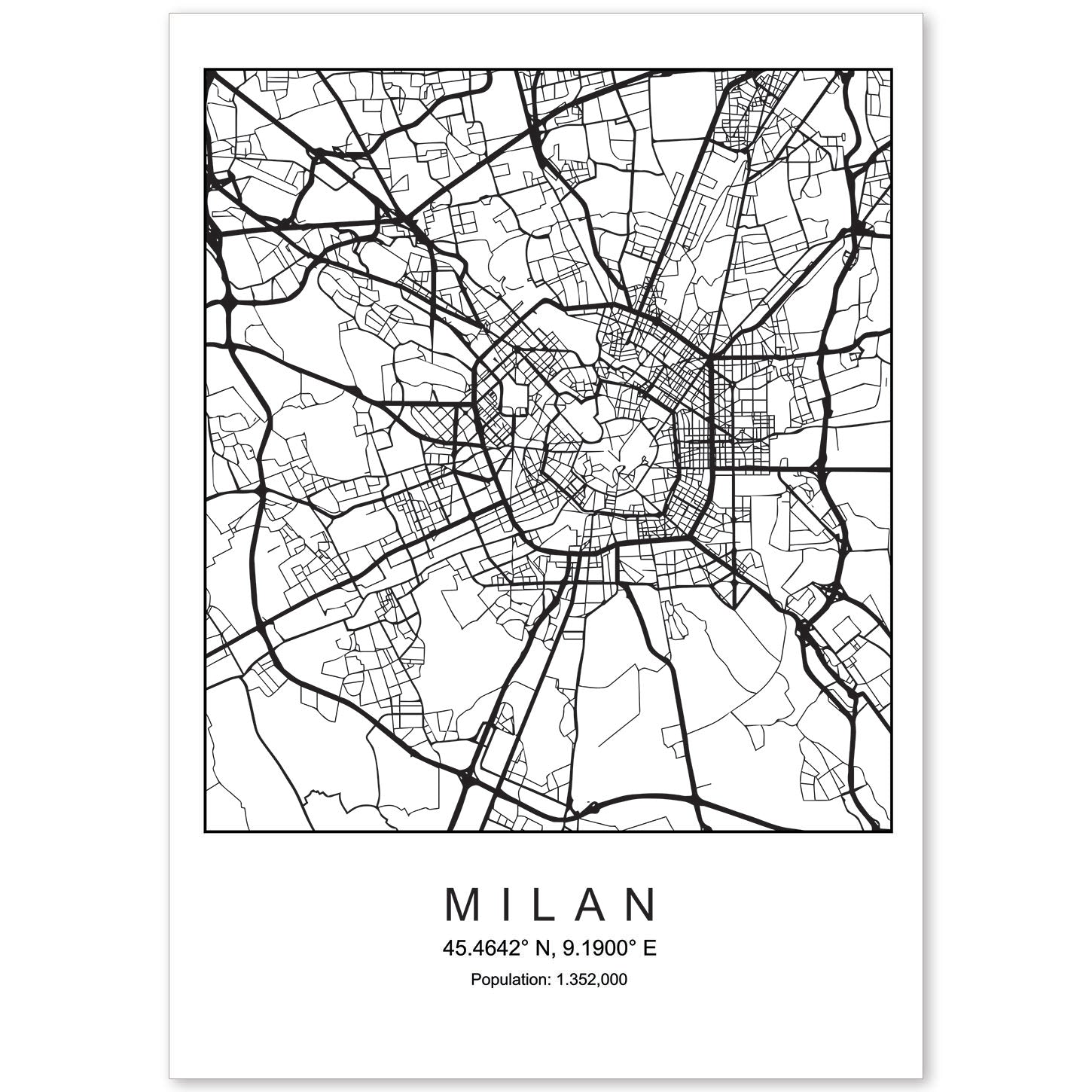 Lámina mapa de la ciudad Milan estilo nordico en blanco y negro.-Artwork-Nacnic-A4-Sin marco-Nacnic Estudio SL