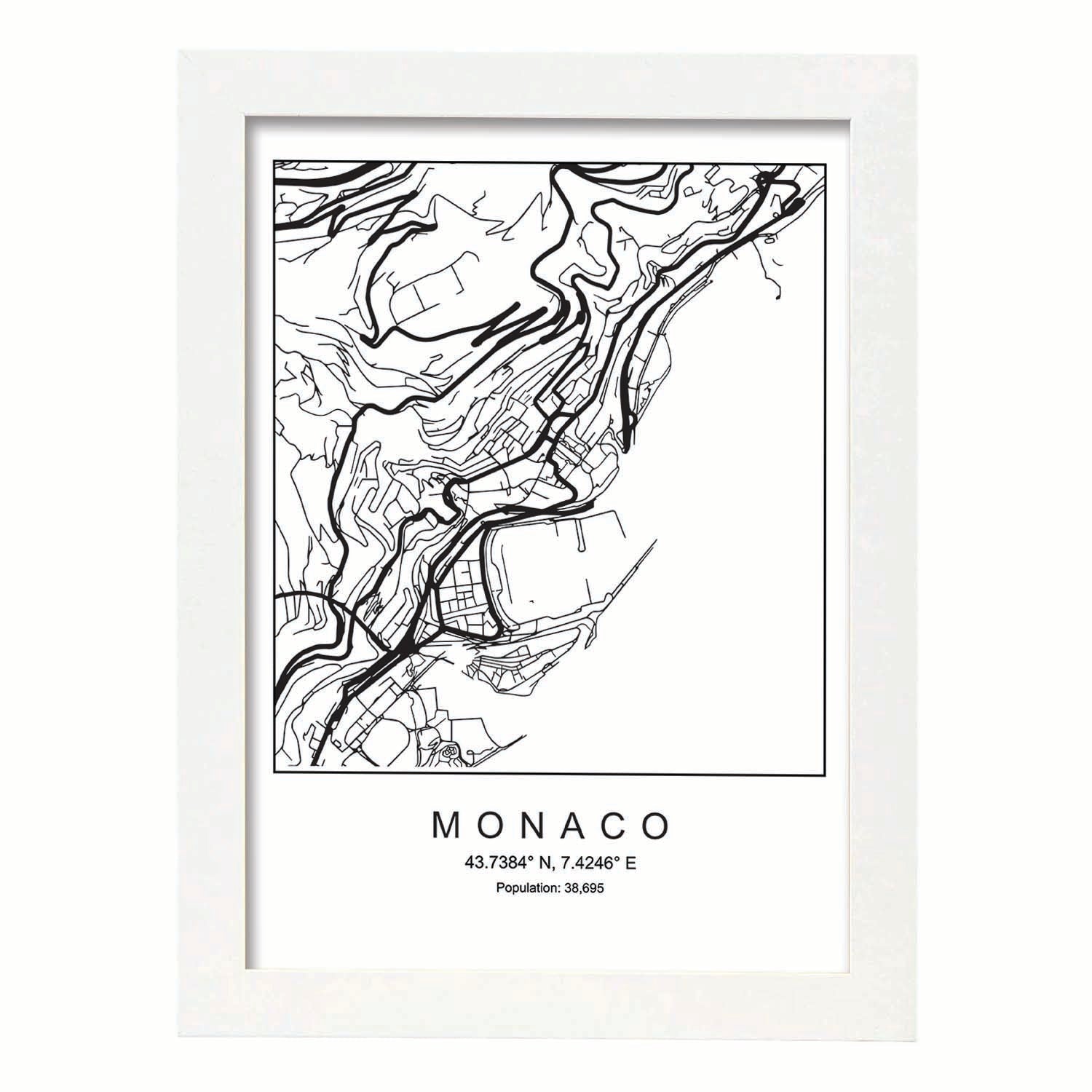 Lámina mapa de la ciudad Monaco estilo nordico en blanco y negro.-Artwork-Nacnic-A3-Marco Blanco-Nacnic Estudio SL