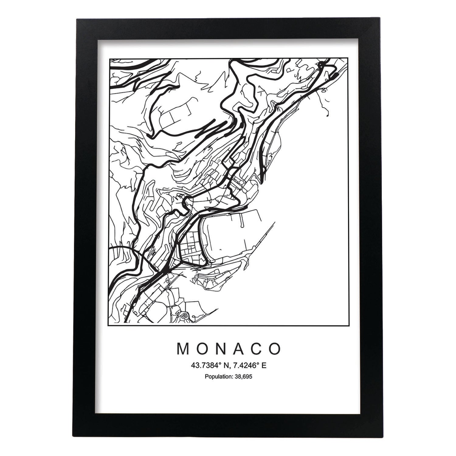 Lámina mapa de la ciudad Monaco estilo nordico en blanco y negro.-Artwork-Nacnic-A3-Marco Negro-Nacnic Estudio SL