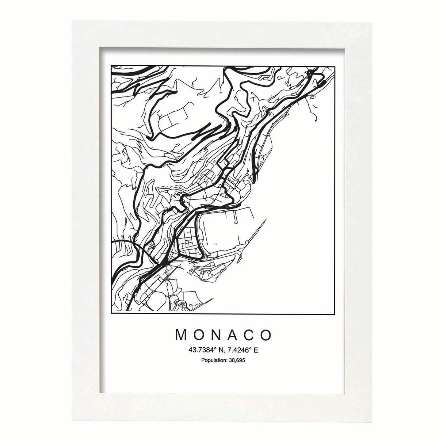 Lámina mapa de la ciudad Monaco estilo nordico en blanco y negro.-Artwork-Nacnic-A4-Marco Blanco-Nacnic Estudio SL