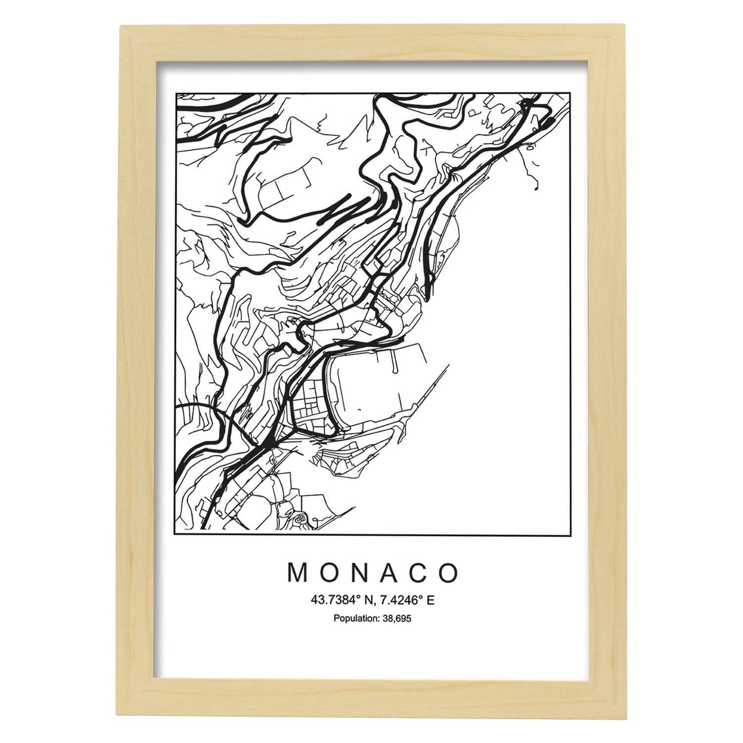 Lámina mapa de la ciudad Monaco estilo nordico en blanco y negro.-Artwork-Nacnic-A4-Marco Madera clara-Nacnic Estudio SL