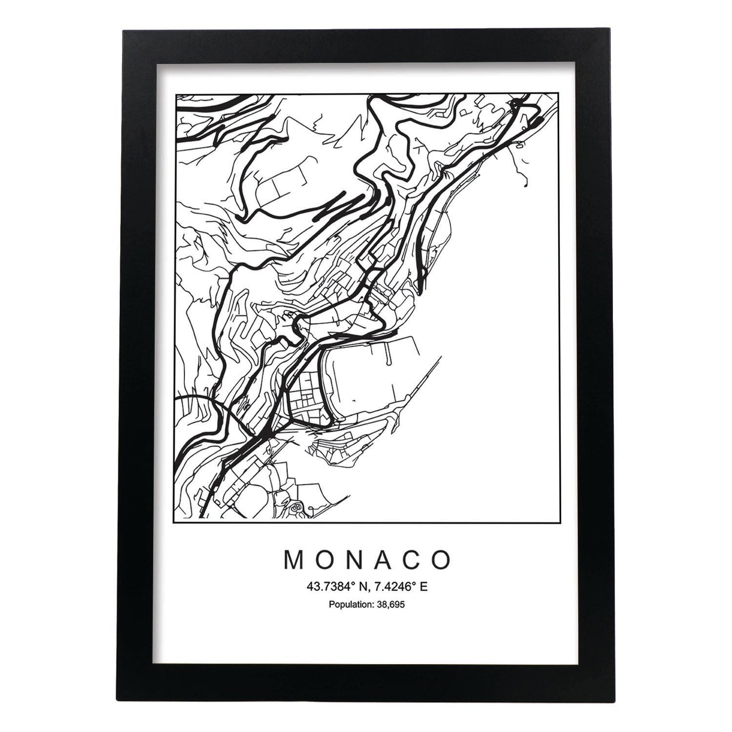 Lámina mapa de la ciudad Monaco estilo nordico en blanco y negro.-Artwork-Nacnic-A4-Marco Negro-Nacnic Estudio SL
