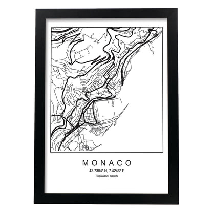 Lámina mapa de la ciudad Monaco estilo nordico en blanco y negro.-Artwork-Nacnic-A4-Marco Negro-Nacnic Estudio SL