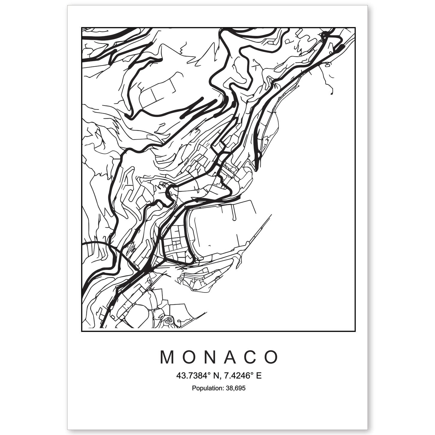 Lámina mapa de la ciudad Monaco estilo nordico en blanco y negro.-Artwork-Nacnic-A4-Sin marco-Nacnic Estudio SL