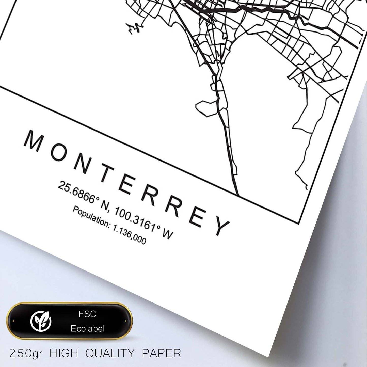 Lámina mapa de la ciudad Monterrey estilo nordico en blanco y negro.-Artwork-Nacnic-Nacnic Estudio SL