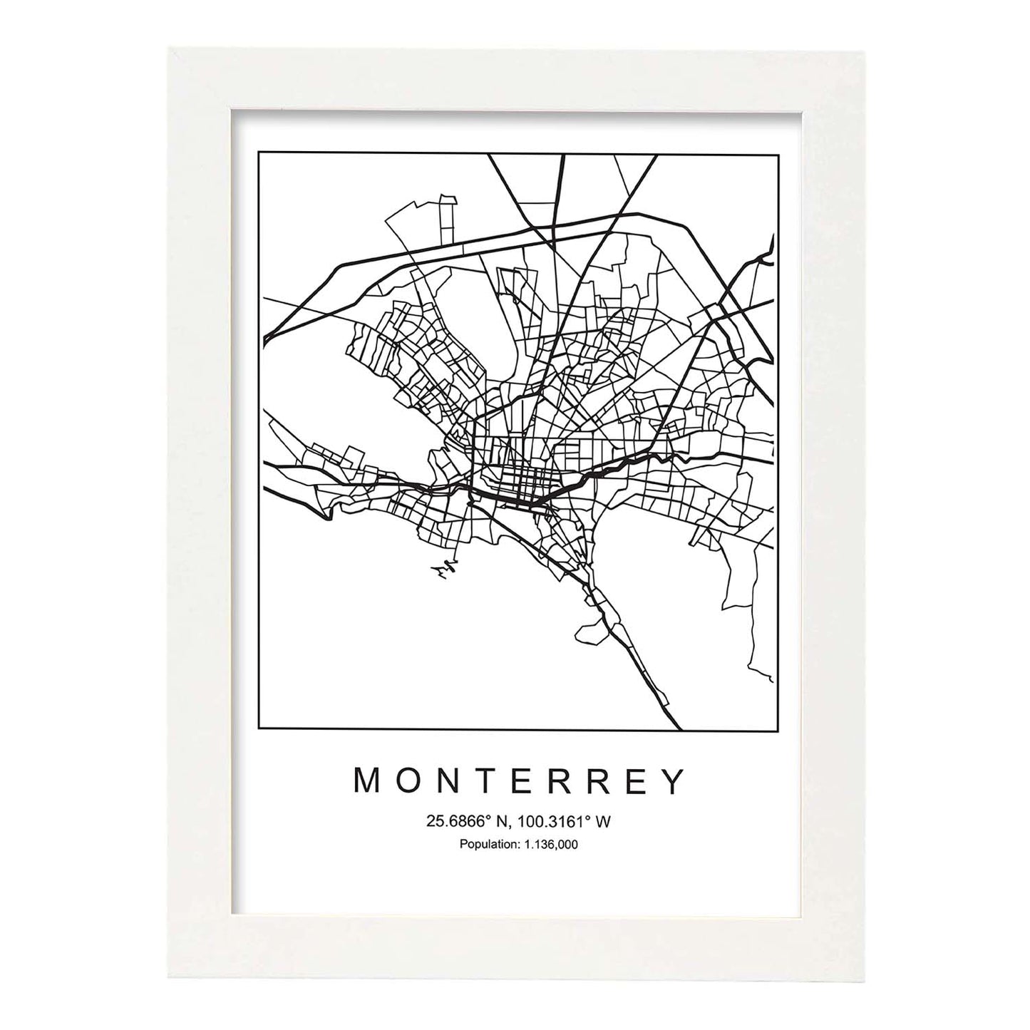 Lámina mapa de la ciudad Monterrey estilo nordico en blanco y negro.-Artwork-Nacnic-A3-Marco Blanco-Nacnic Estudio SL