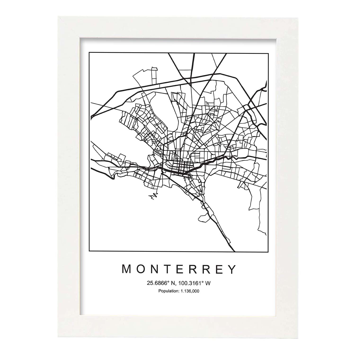 Lámina mapa de la ciudad Monterrey estilo nordico en blanco y negro.-Artwork-Nacnic-A3-Marco Blanco-Nacnic Estudio SL