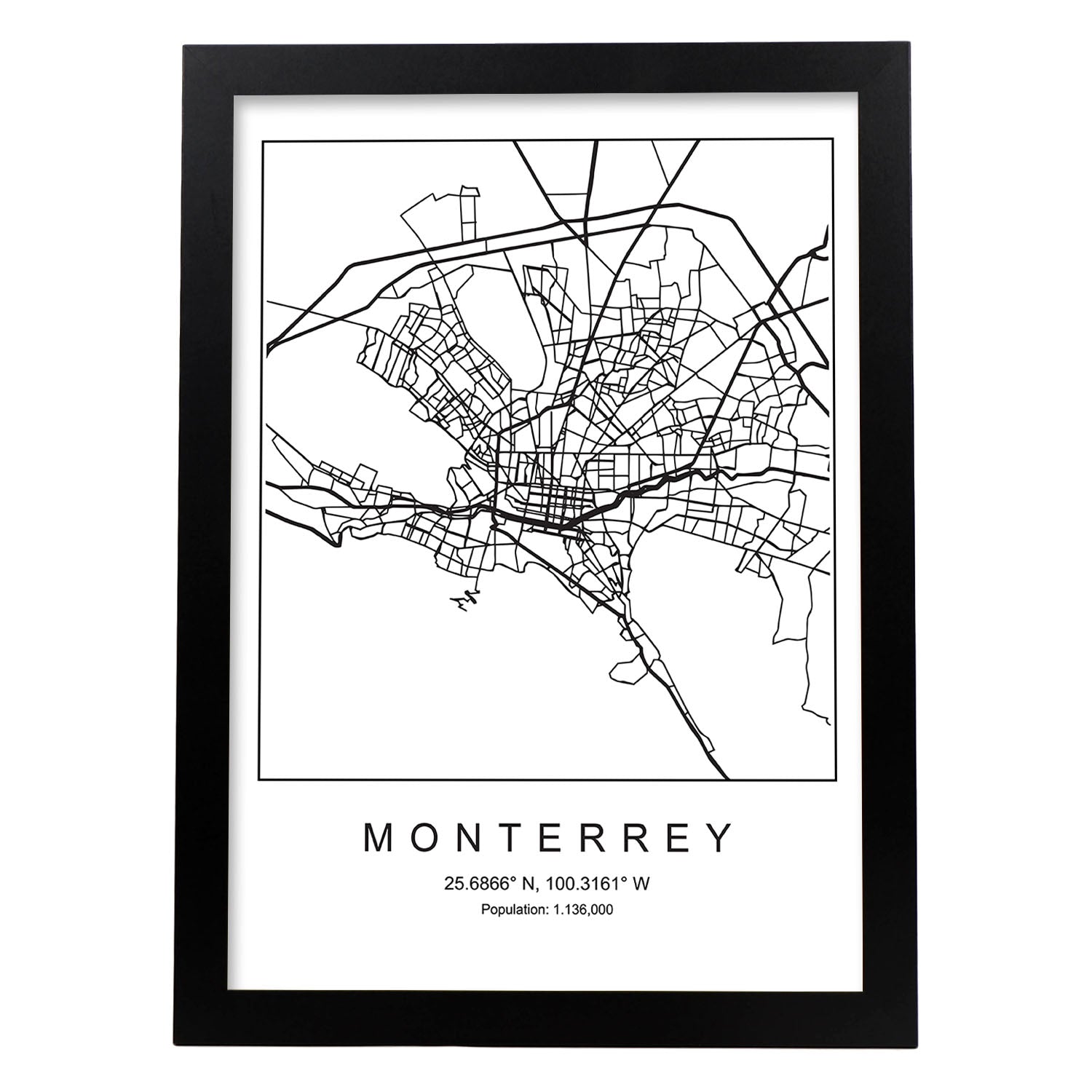 Lámina mapa de la ciudad Monterrey estilo nordico en blanco y negro.-Artwork-Nacnic-A3-Marco Negro-Nacnic Estudio SL