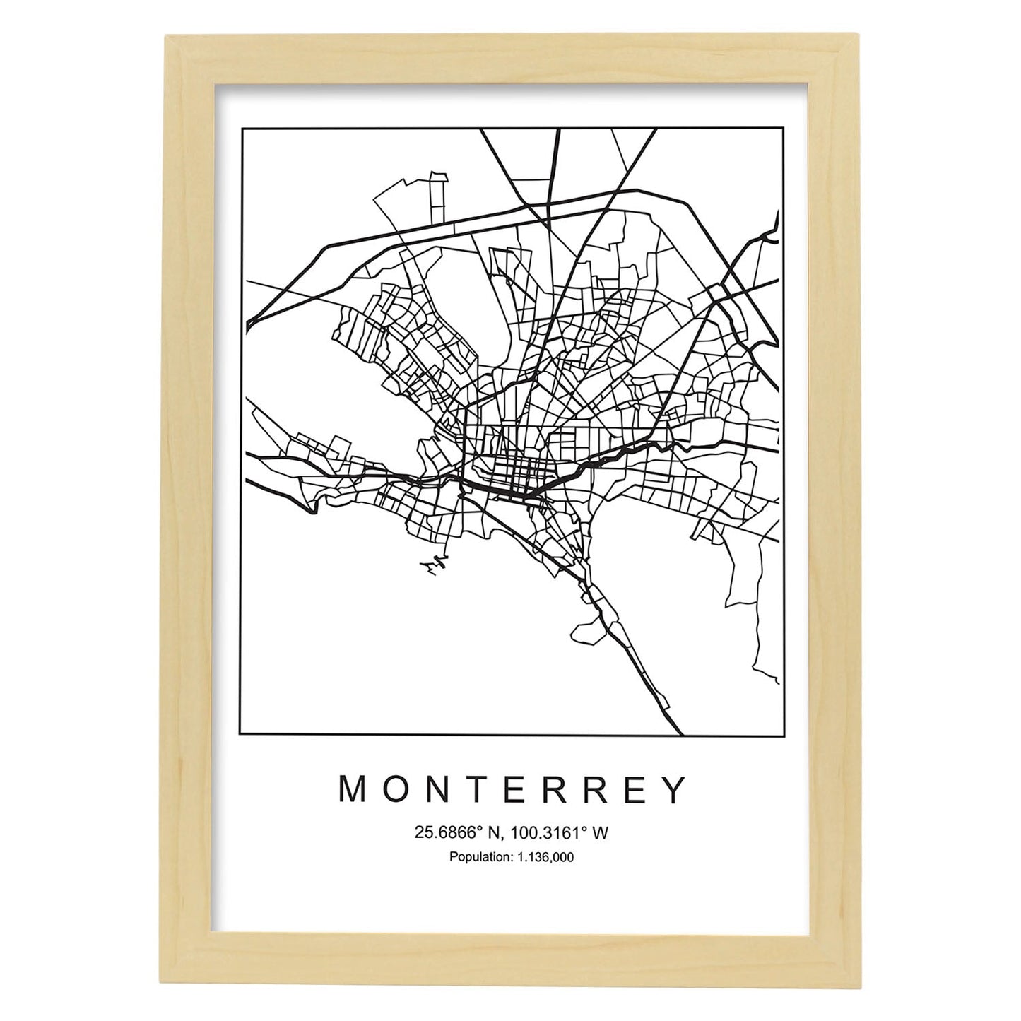 Lámina mapa de la ciudad Monterrey estilo nordico en blanco y negro.-Artwork-Nacnic-A4-Marco Madera clara-Nacnic Estudio SL