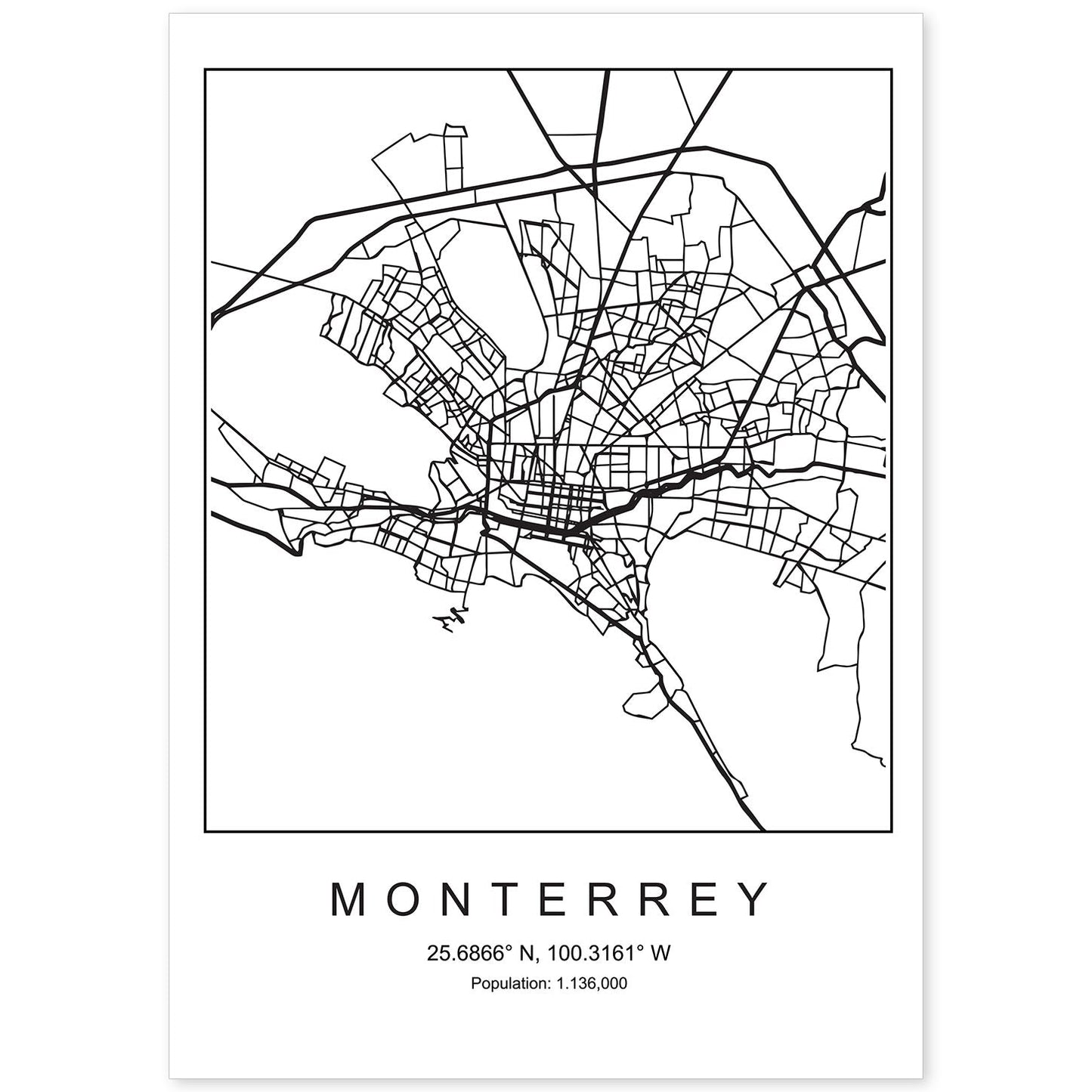 Lámina mapa de la ciudad Monterrey estilo nordico en blanco y negro.-Artwork-Nacnic-A4-Sin marco-Nacnic Estudio SL