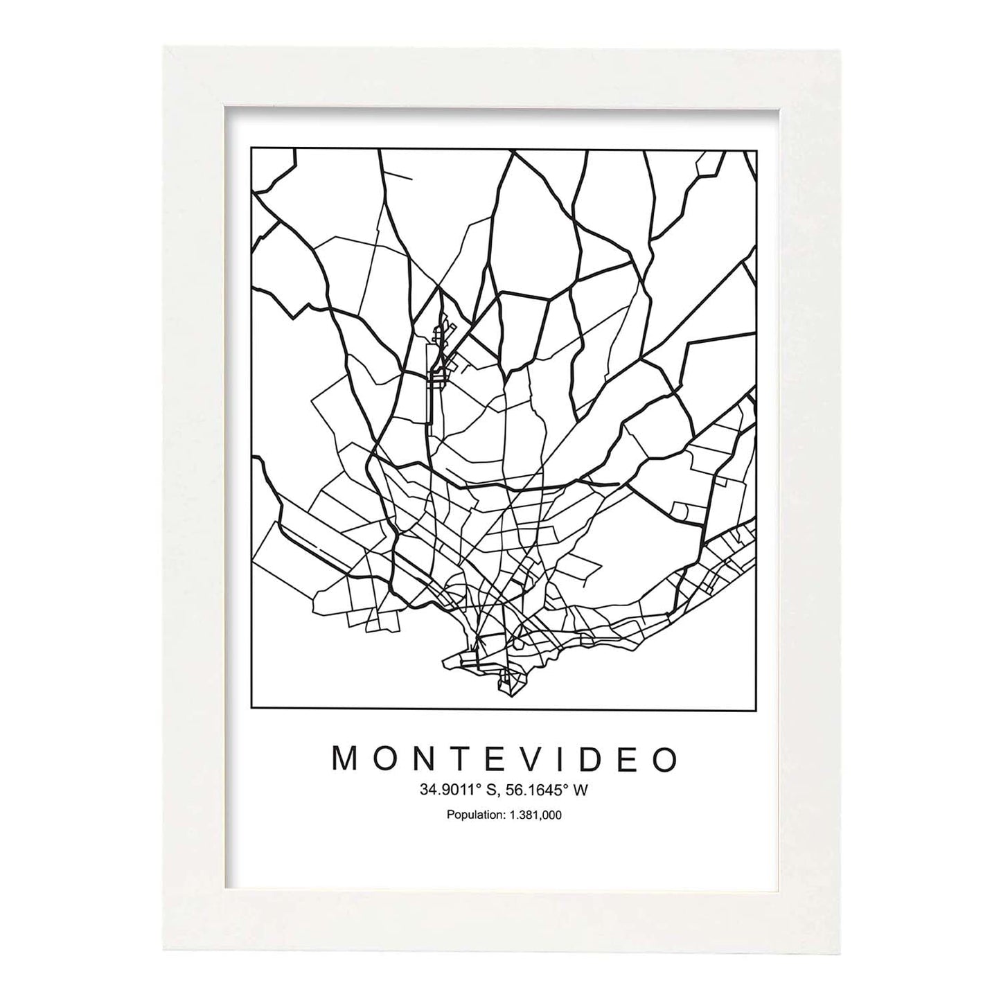 Lámina mapa de la ciudad Montevideo estilo nordico en blanco y negro.-Artwork-Nacnic-A3-Marco Blanco-Nacnic Estudio SL