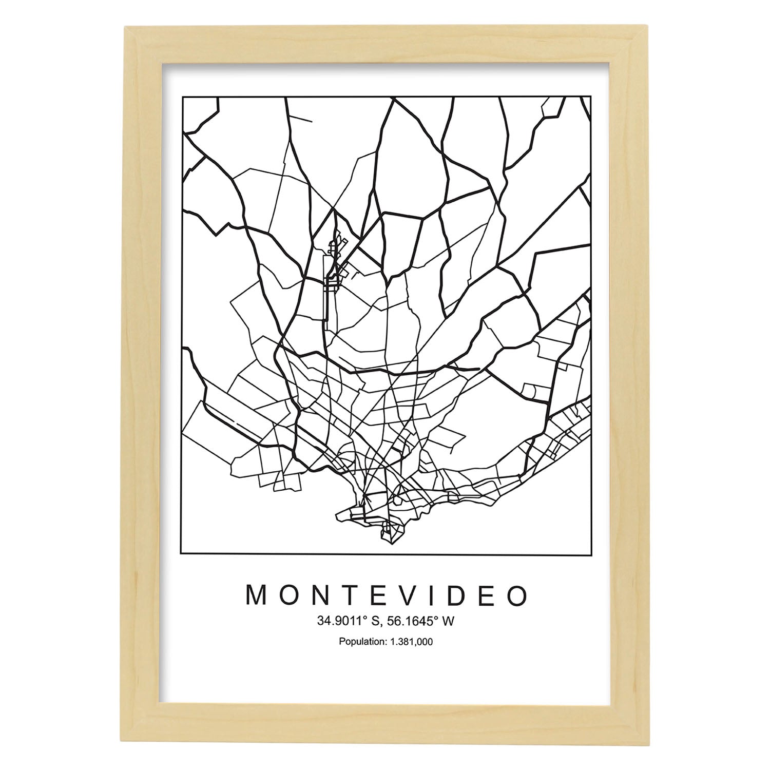 Lámina mapa de la ciudad Montevideo estilo nordico en blanco y negro.-Artwork-Nacnic-A3-Marco Madera clara-Nacnic Estudio SL
