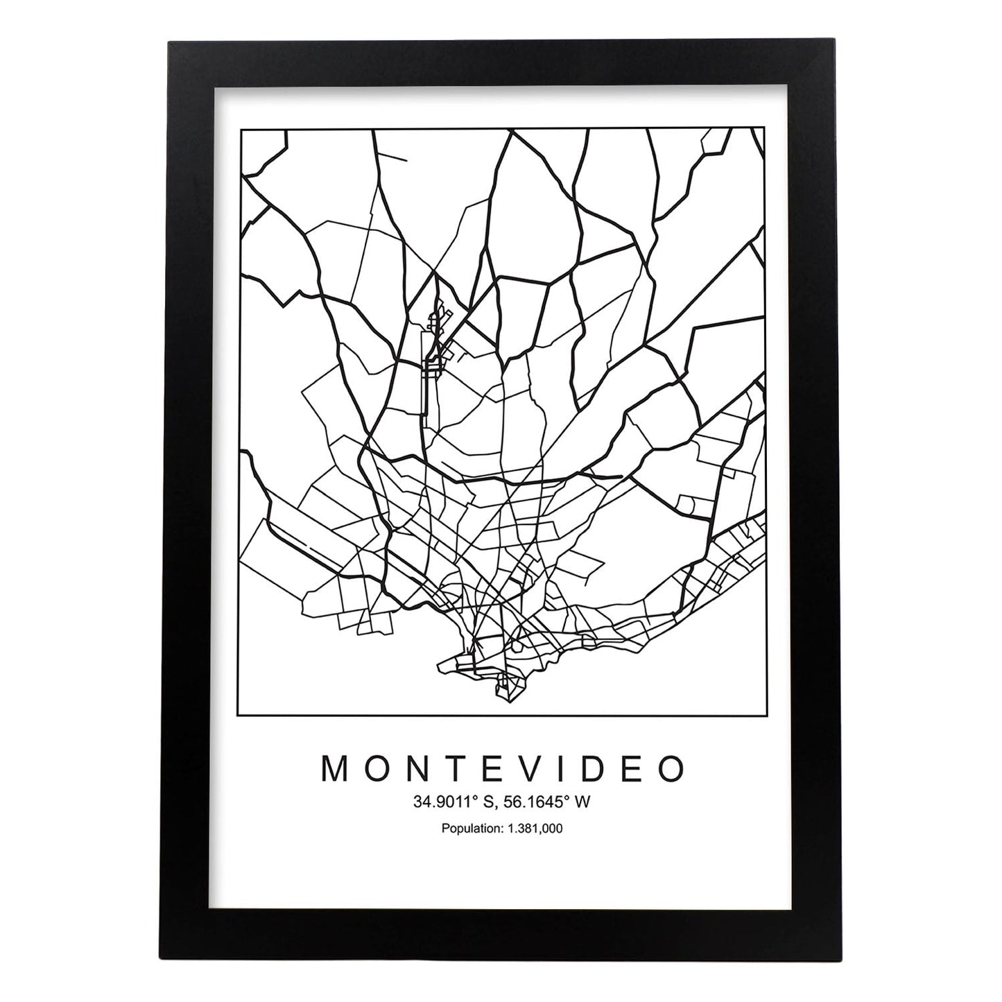Lámina mapa de la ciudad Montevideo estilo nordico en blanco y negro.-Artwork-Nacnic-A3-Marco Negro-Nacnic Estudio SL