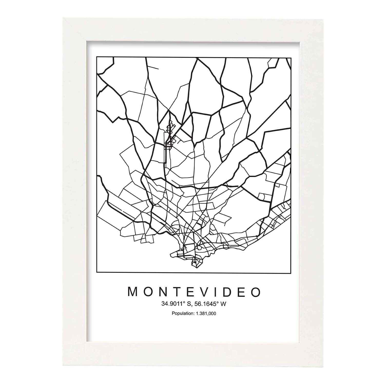 Lámina mapa de la ciudad Montevideo estilo nordico en blanco y negro.-Artwork-Nacnic-A4-Marco Blanco-Nacnic Estudio SL