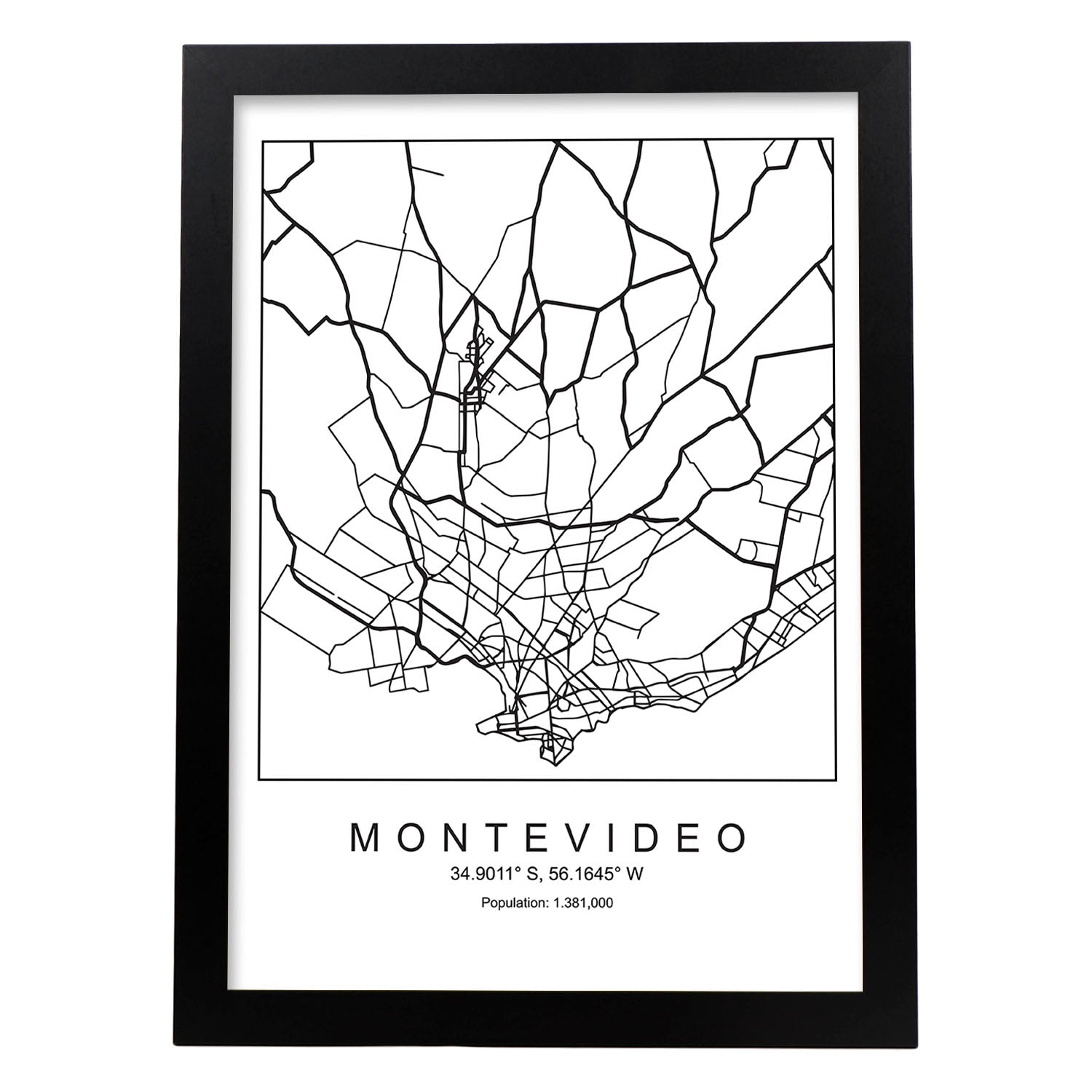 Lámina mapa de la ciudad Montevideo estilo nordico en blanco y negro.-Artwork-Nacnic-A4-Marco Negro-Nacnic Estudio SL